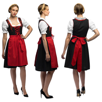 Dirndl Frau Fischer van voor, zij en achter met rode strik op de rug en rode rijgveter