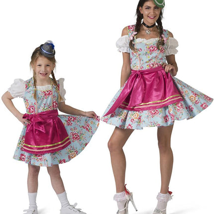 Dirndl jurk Hilda dames met uitzwaaiende rok en goudkleurige sierband onderaan het roze schort
