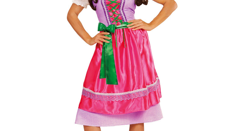 Dirndl jurk roze groen met paars-wit geruit lijfje, groene rijgveter en roze satijnen schort