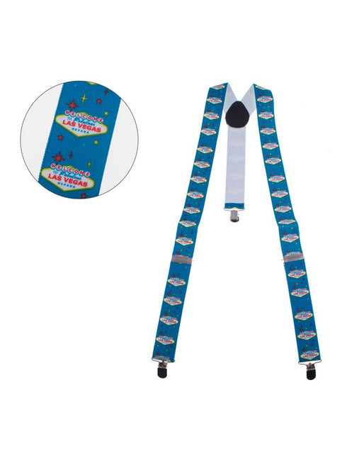 Disco bretel Las Vegas in helderblauw met Las Vegas-borden, witte Y-rug en drie metalen clips