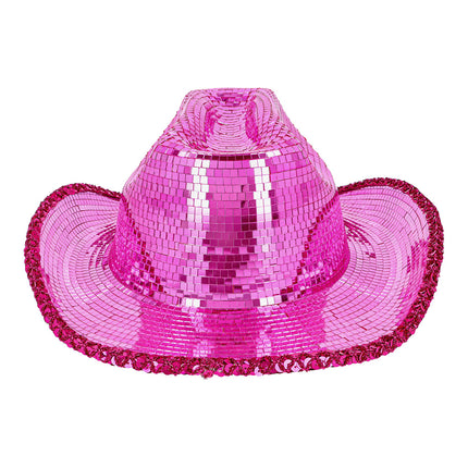 Disco cowboyhoed roze van voren, met ingedeukte bol vol spiegeltjes en opgekrulde paillettenrand