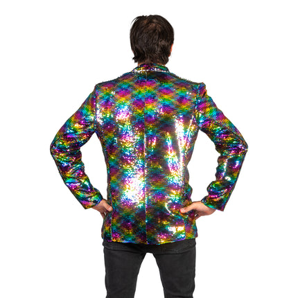 Disco jas Jack regenboog print achterkant met pailletten in golvende regenboogbanen tot aan de zoom