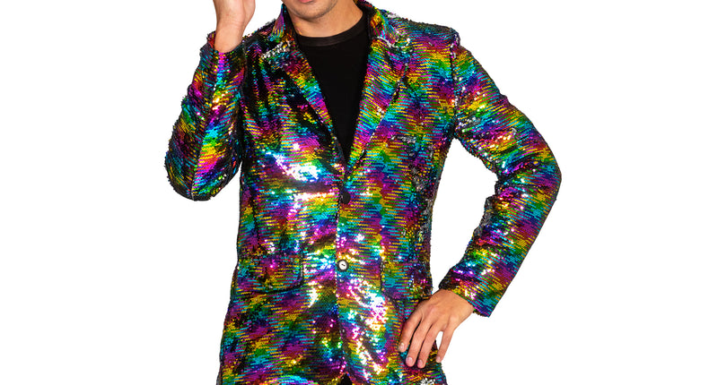 Disco jas Jack regenboog print vooraanzicht met reverskraag, twee knopen en klepzakken, voor heren tijdens carnaval