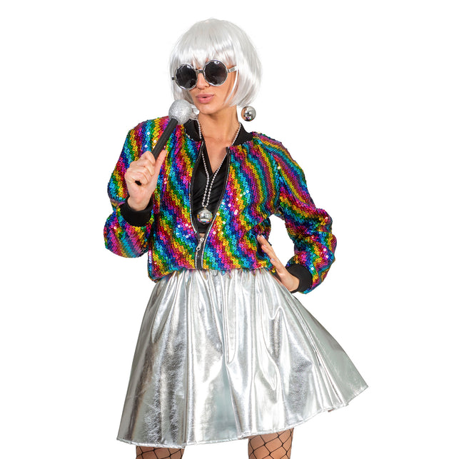 Disco jas Tessa voor dames met regenboogpailletten en zwart geribd boord, vooraanzicht voor een discofeest