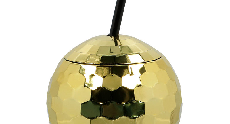 Discobal drinkbeker goud van 60 cl met facetvormige spiegelbol, deksel en zwart rietje voor een discofeest