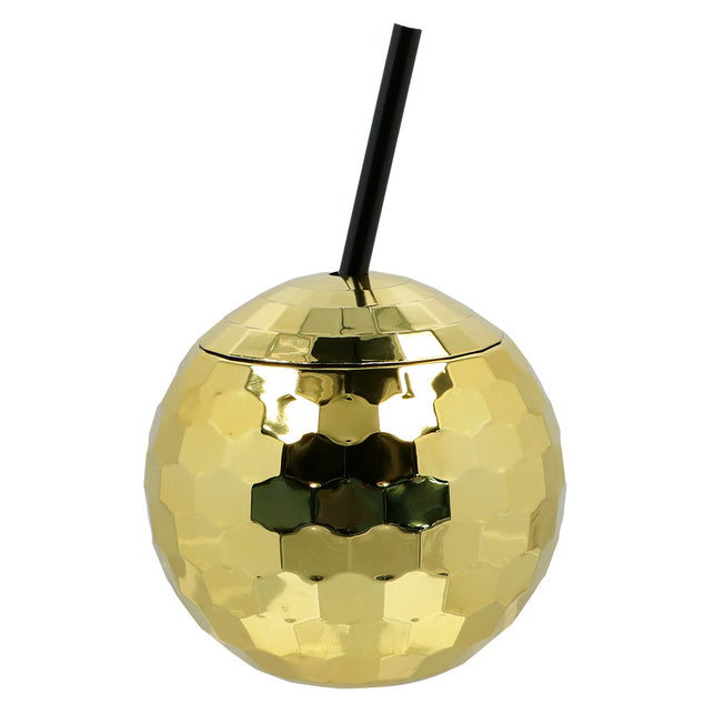 Discobal drinkbeker goud van 60 cl met facetvormige spiegelbol, deksel en zwart rietje voor een discofeest