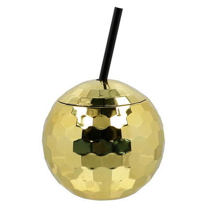 Discobal drinkbeker goud van 60 cl met facetvormige spiegelbol, deksel en zwart rietje voor een discofeest