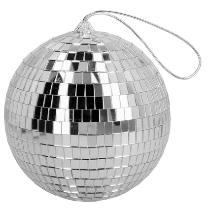 Discobal zilver met zilverkleurig ophangkoordje, klaar om op te hangen