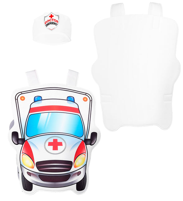 Dokter pak kind los gelegd: witte pet met DOCTOR EMERGENCY-embleem en ambulancepand