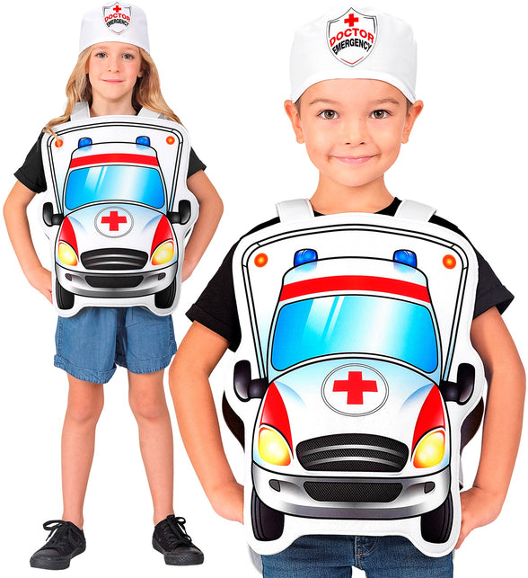 Dokter pak kind met witte ambulance-tabard en pet met rood kruis, gedragen door meisje en jongen