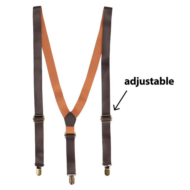 Donkerbruine Y-bretels uit de accessoireset Steampunk 4-delig met oranjebruine achterkant, gespen en drie clips