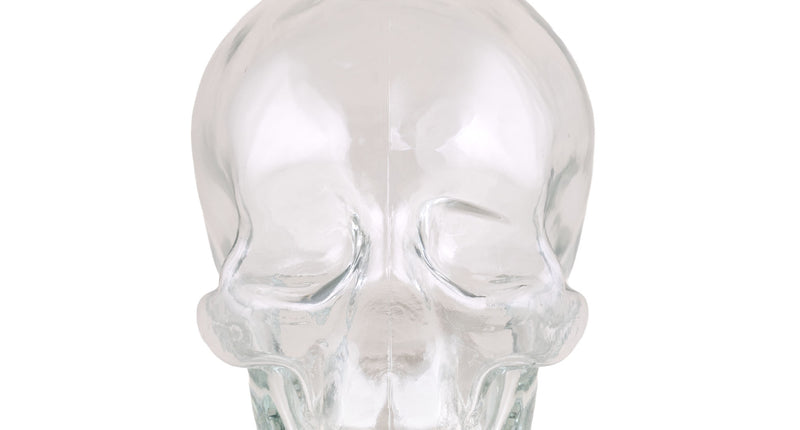 Doodshoofd fles met kurk van helder glas, schedelvorm met oogholtes en tanden, voor Halloween