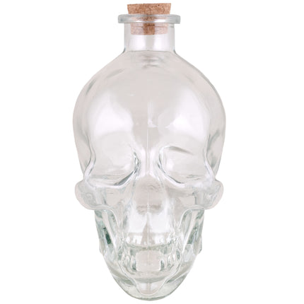 Doodshoofd fles met kurk van helder glas, schedelvorm met oogholtes en tanden, voor Halloween