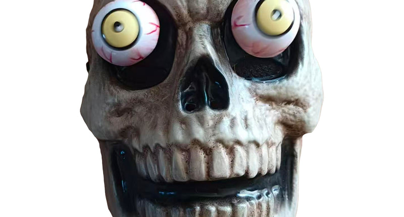 Doodskopmasker met bewegende ogen, verweerde botkleurige schedel met gele pupillen en grijns, voor Halloween