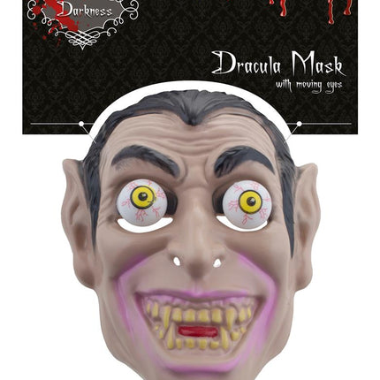 Dracula masker bewegende ogen aan ophangkaart met zwart haar en gele tanden