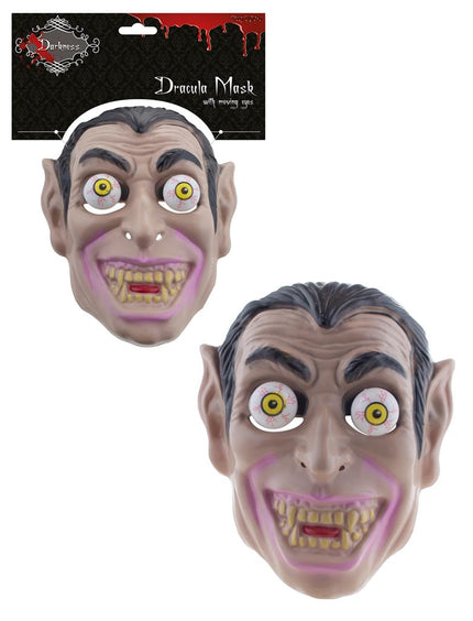 Dracula masker met bewegende ogen op verpakkingskaart, vampiergezicht met gele hoektanden voor Halloween