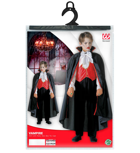 Dracula vampier kostuum kinderen in verpakking met vooraanzicht van cape, vest en broek