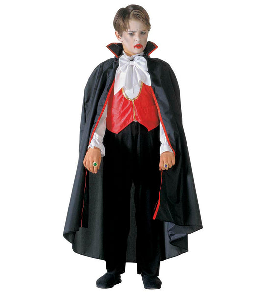 Dracula vampier kostuum kinderen met zwarte cape, rood vest en witte vlinderdas voor Halloween