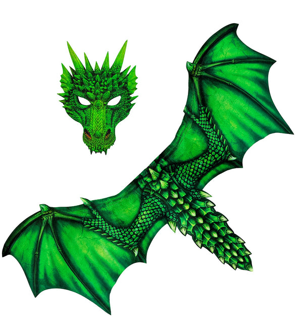 Drakenvleugels groen met schubbenprint en bijpassend drakenmasker met hoorns