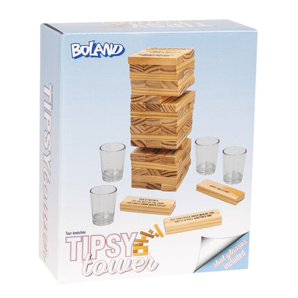 Drankspel drinking tower van Boland met gestapelde houten blokken en vier glazen borrelglaasjes