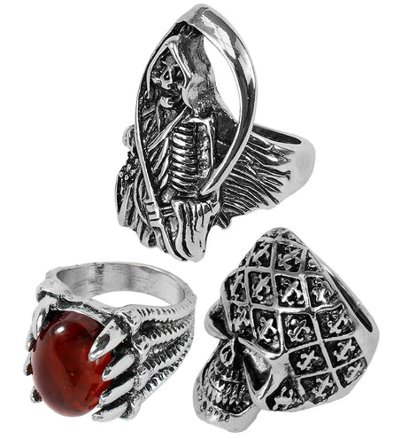 Drie zilverkleurige halloweenringen: dood met zeis, klauw met rode steen en geruite schedelring
