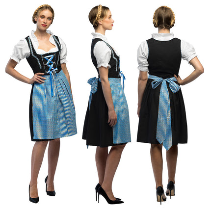 Driedelige dirndl Frau Fischer van voor, opzij en achter met grote strik op de rug