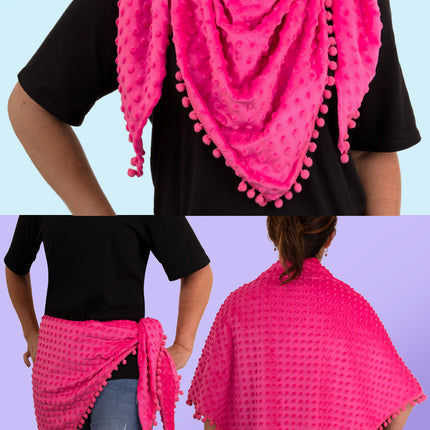 Driehoek sjaal Bubble Neon roze gedragen om de nek, om de heupen en als omslagdoek