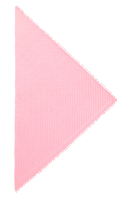 Driehoek sjaal Bubble pastel roze uitgelegd, noppenstof met roze pomponrand langs de zijden