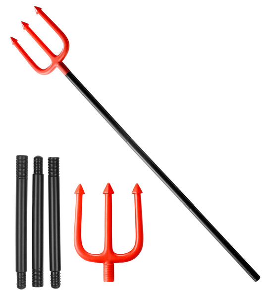 Drietand duivel plastic van 114 cm, rode kop met zwarte steel in vier losse delen