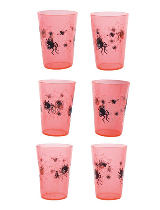 Drink bekers met spinnenweb print, zes doorschijnende bekers met zwarte spinnen in een web
