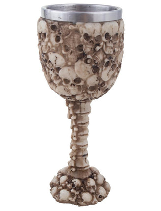 Drinkbeker skeletons, botwitte kelk vol schedels met wervelkolomsteel en metalen rand voor Halloween