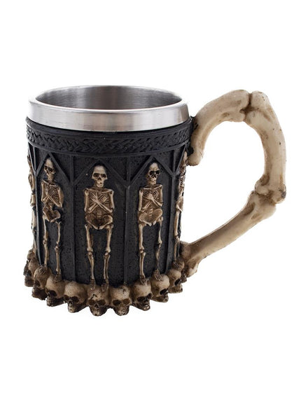 Drinkbeker skeletons zwart met skeletten in reliëf, bothandvat en metalen binnenbeker voor Halloween
