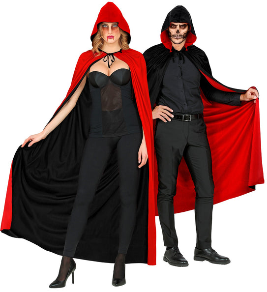 Dubbelzijdige cape rood zwart bij vampier- en skeletschmink voor Halloween