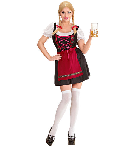 Duits biermeisje jurkje Diana met zwarte rok, rood schort en witte pofmouwblouse voor Oktoberfest