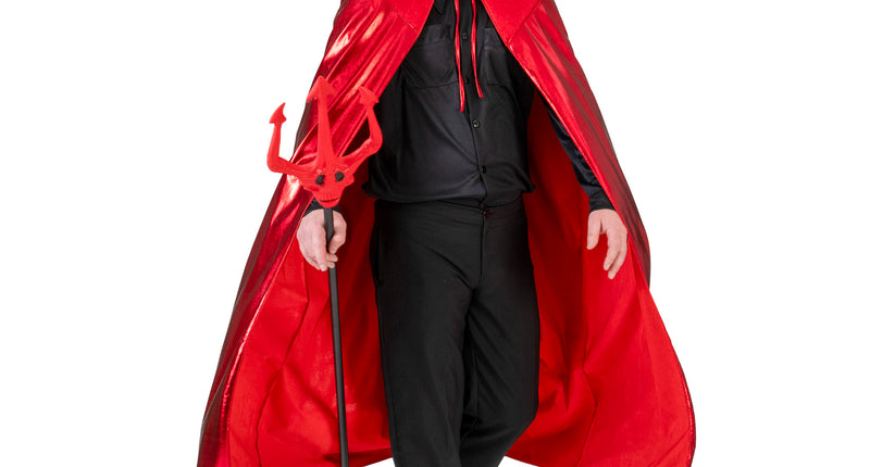 Duivel cape volwassenen rood, lange metallic cape met opstaande kraag en koordsluiting voor Halloween