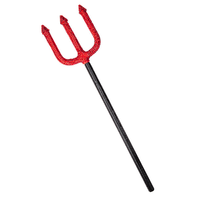 Duivel drietand strass van 50 cm met rode strasskop en zwarte steel, voor Halloween