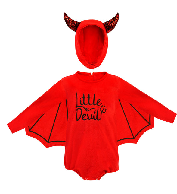 Duivel kostuum Milan kind: rode jumpsuit met Little Devil-opdruk en los kapje met zwart-rode horens