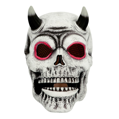 Duivel schedelmasker van latex van voren, met roze omrande oogkassen en gaas in de oogopeningen
