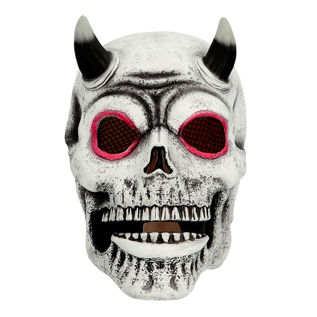 Duivel schedelmasker van latex van voren, met roze omrande oogkassen en gaas in de oogopeningen
