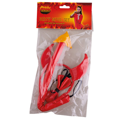 Duivel set in rood van Funny Fashion in de verpakking met diadeem, strik en staart