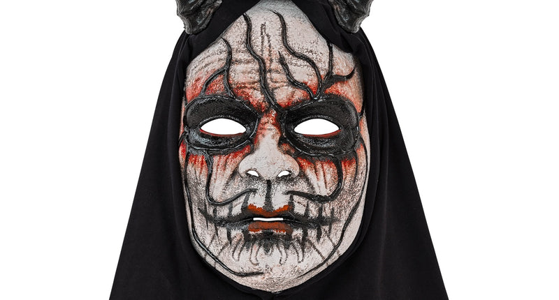 Duivelmasker Milan met zwarte hoorns, wit gezicht met rode strepen en zwarte kap voor Halloween