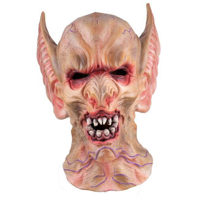 Duivels masker met grote gerimpelde horens, paarse aders en open muil met spitse tanden voor Halloween