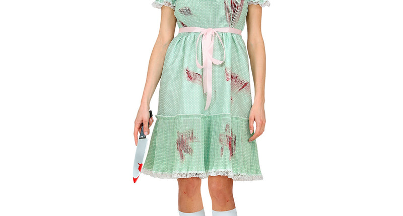 Duivelse speelgoed pop kostuum dames, mintgroene stippenjurk met kant en witte kniesokken voor Halloween