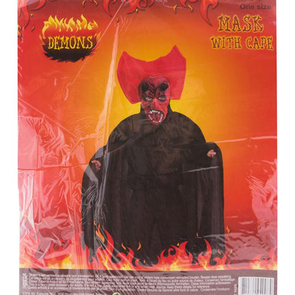 Duivelsmasker met cape van Funny Fashion in de verpakking, rood masker met zwarte cape