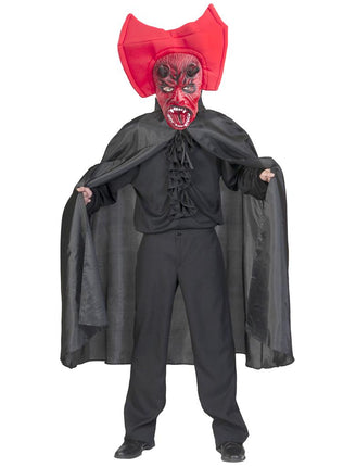 Duivelsmasker met cape: rood duivelsmasker met horens en zwarte cape voor Halloween