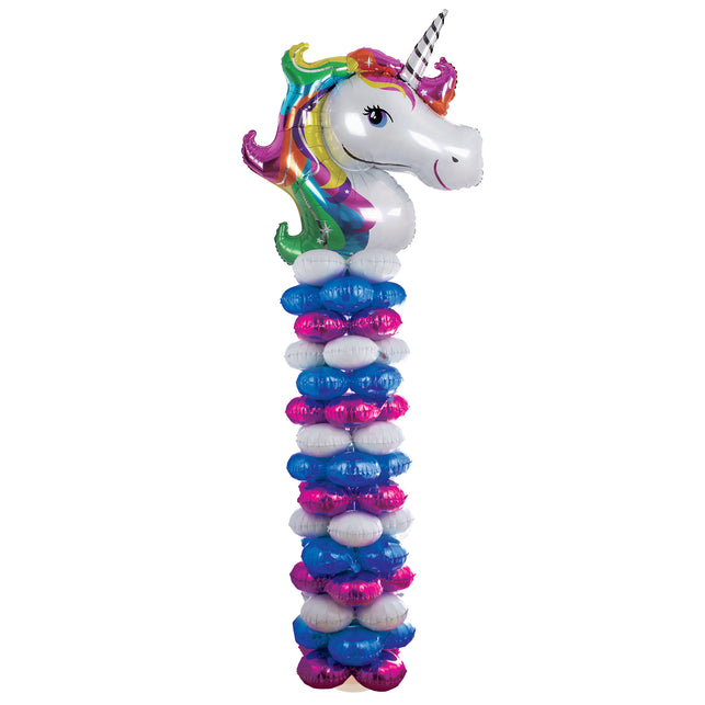 Eenhoorn ballonzuil van 210 cm met witte eenhoornkop, regenboogmanen en witte, blauwe en roze folieballonnen