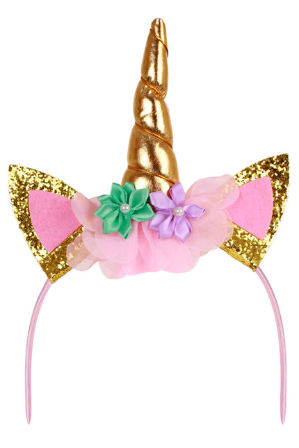 Eenhoorn diadeem met goudkleurige gedraaide hoorn, gouden glitteroren en roze bloemen op een smalle roze haarband