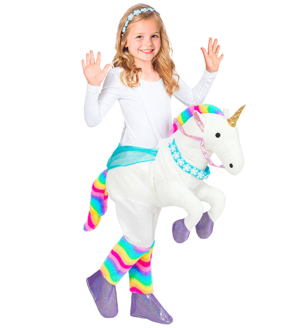Eenhoorn kostuum voor meisjes, wit ride-on model met regenboogmanen, gouden hoorn en haarband
