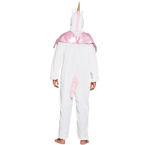 Eenhoorn onesie van achteren gedragen, roze staart op heuphoogte en glanzende vleugels op de rug
