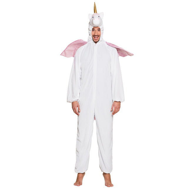 Eenhoorn onesie voor heren met capuchon op, rits over de voorkant en lange pluche broekspijpen